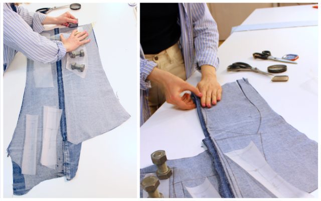 Corsage aus Jeans upcycling, Workshop in Berlin, zerschneiden der Jeans
